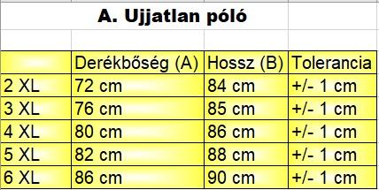 férfi nagyméretű ujjatlan póló mérettáblázat