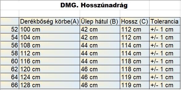 DMG.Fekete svédzsebes nagyméretű férfi alkalmi nadrág mérettáblázata2