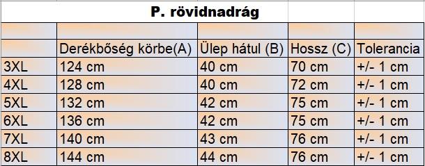 P.Szürke terepmintás oldalzsebes nagyméretű férfi pamut rövidnadrág mérettáblázata2