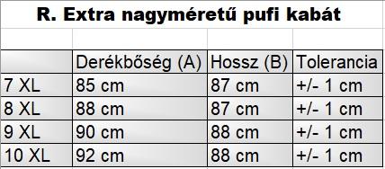 extra nagyméretű férfi pufi kabát mérettáblázata