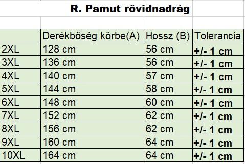 R.Fekete zsebes nagyméretű férfi pamut rövidnadrág mérettáblázata2