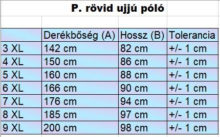 P.Athletic szürke extra nagyméretű férfi póló mérettáblázata2