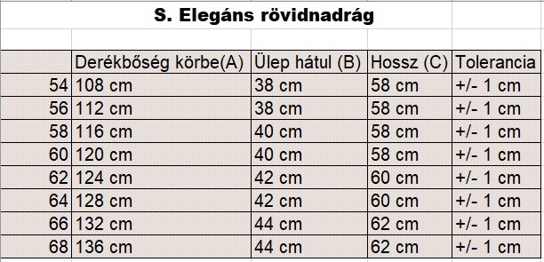 S.Zöld-fehér svédzsebes elegáns nagyméretű férfi rövidnadrág mérettáblázata2